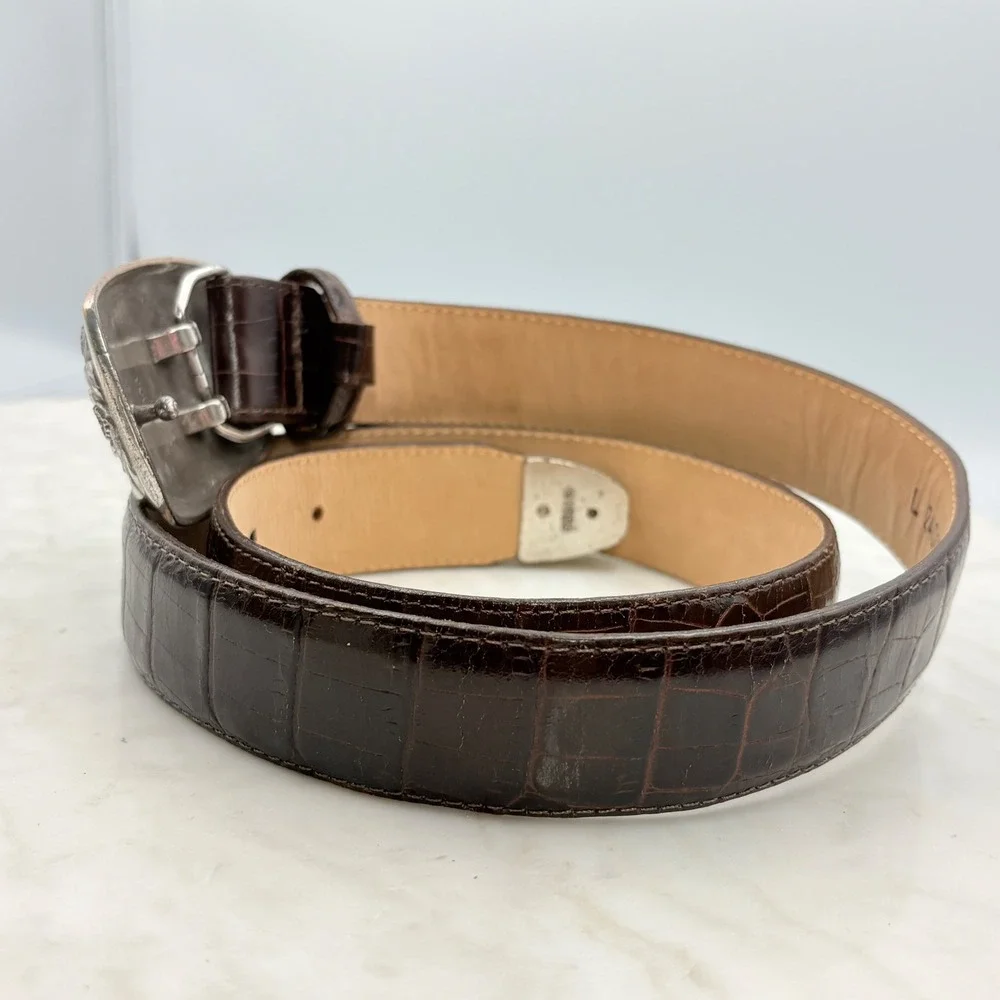 Brighton Croc Embossed Leather Belt Women Large Brown Floral Silver Buckle 24009